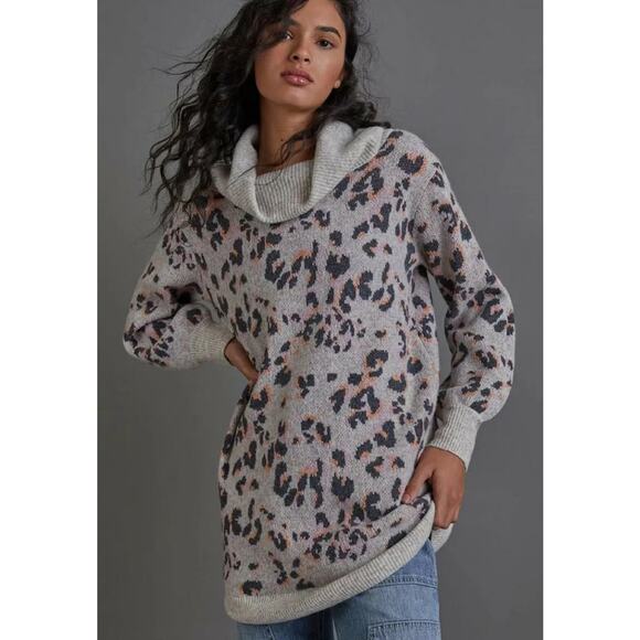 Anthropologie Emmy Cowl Neck Tunic Wool Blend Leopard Print Sweater Size S - Picture 1 of 6